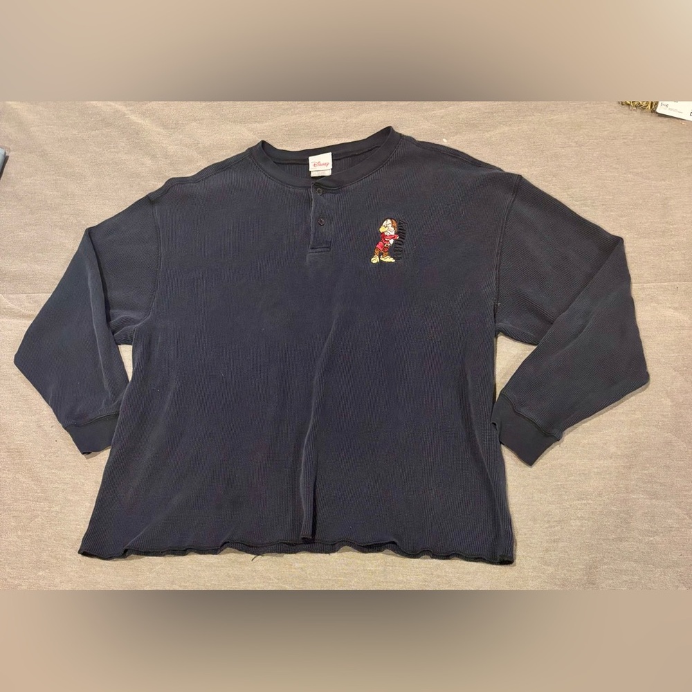 Vintage Disney Store Grumpy Embroidered Waffle Knit Thermal Henley Mens XL Blue